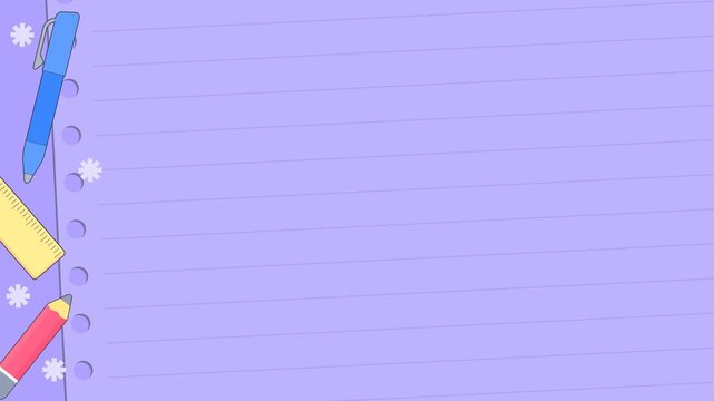 Seamless looping background animation of swinging pens, pencils, and rulers on sides with a wide light purple notebook paper text copy space. Flat style back to school concept
