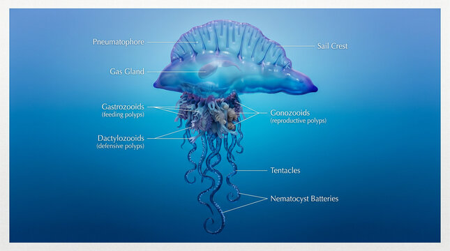 Ilustraci&oacute;n cient&iacute;fica hiperrealista de una Physalia physalis mostrando el flotador, los p&oacute;lipos y los largos tent&aacute;culos con etiquetas anat&oacute;micas discretas. Fondo azul degradado limpio.