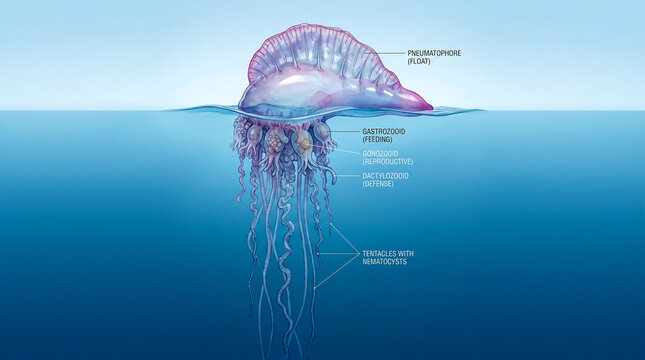 Ilustraci&oacute;n cient&iacute;fica hiperrealista de una Physalia physalis mostrando el flotador, los p&oacute;lipos y los largos tent&aacute;culos con etiquetas anat&oacute;micas discretas. Fondo azul degradado limpio.