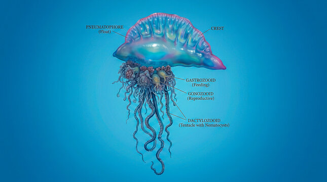 Ilustraci&oacute;n cient&iacute;fica hiperrealista de una Physalia physalis mostrando el flotador, los p&oacute;lipos y los largos tent&aacute;culos con etiquetas anat&oacute;micas discretas. Fondo azul degradado limpio.