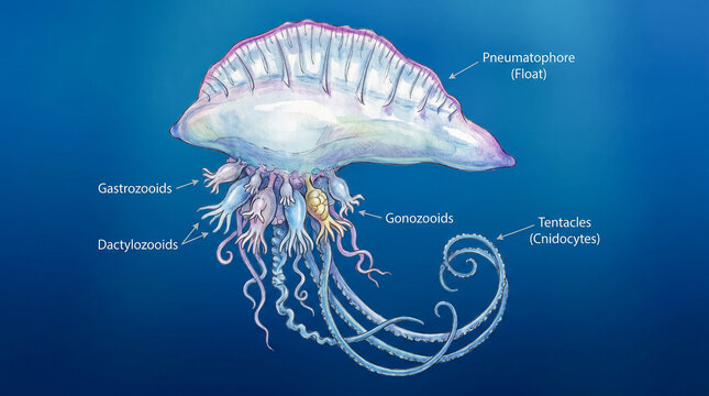 Ilustraci&oacute;n cient&iacute;fica hiperrealista de una Physalia physalis mostrando el flotador, los p&oacute;lipos y los largos tent&aacute;culos con etiquetas anat&oacute;micas discretas. Fondo azul degradado limpio.