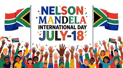 Celebration crowd with South Africa flags for Nelson Mandela International Day July eighteen community event banner