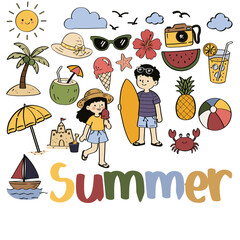 Fototapeta premium Summer Vacation Clipart Collection with Beach Objects, Tropical Elements and Kids Isolated PNG Transparent Background 