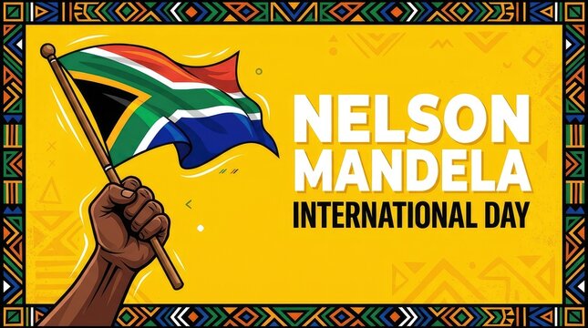 Hand holding South Africa flag against yellow patterned background for Nelson Mandela Day poster