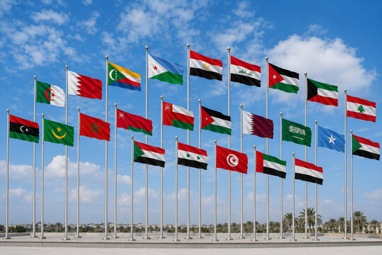 Arab League Member National Flags Displayed on Tall Flagpoles Under Blue Sky