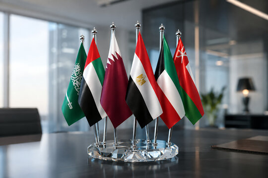 Middle Eastern National Desk Flags on Crystal Base in Modern Corporate Office