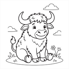 Fototapeta premium Cute cartoon baby buffalo character standing and smiling, black and white line art vector illustration for kids coloring page.