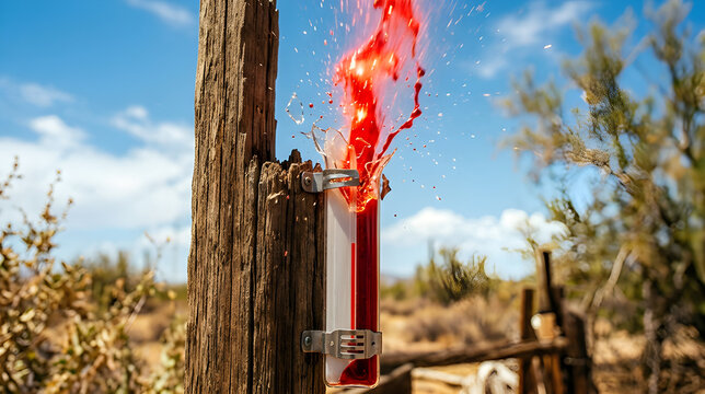 Macro realistic photo of a glass thermometer bursting from extreme heat and erupting glowing red liquid fire.