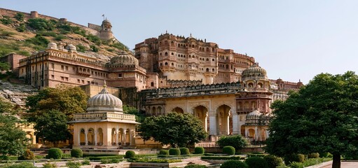 Fototapeta premium An ancient Indian royal palace stands with vibrant colors and detailed architecture under a clear blue sky.
