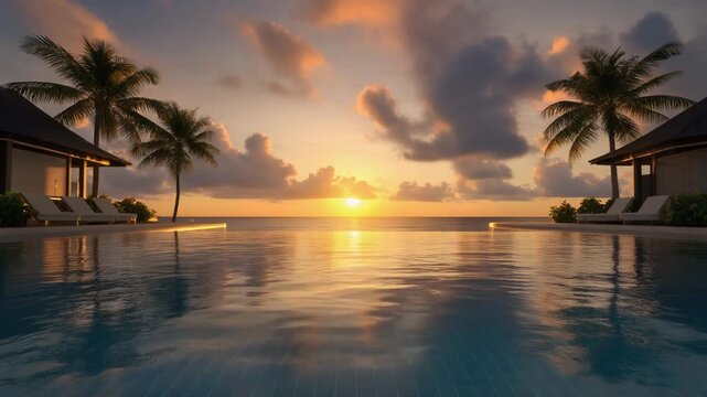 海と夕日を望むインフィニティプールに黄金の反射が伸びる
