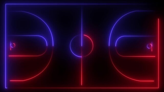 Neon basketball court diagram glowing Red Blue lines on black grid background digital animation abstract sports strategy planning game analysis technology concept.