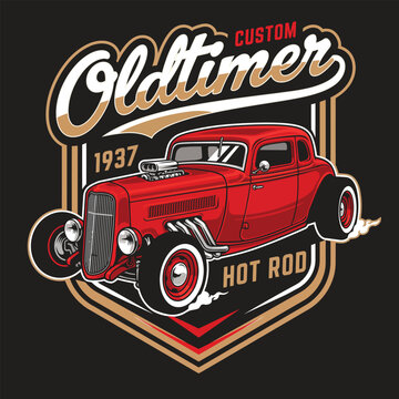 Custom Oldtimer 1937 Hot Rod Red Vintage Sports Car T-Shirt Design Vector   