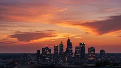 Fototapeta premium A panoramic aerial view captures the impressive atlanta skyline during a vibrant sunset where glowing orange clouds illuminate the tall skyscrapers and busy urban streets beneath the horizon line