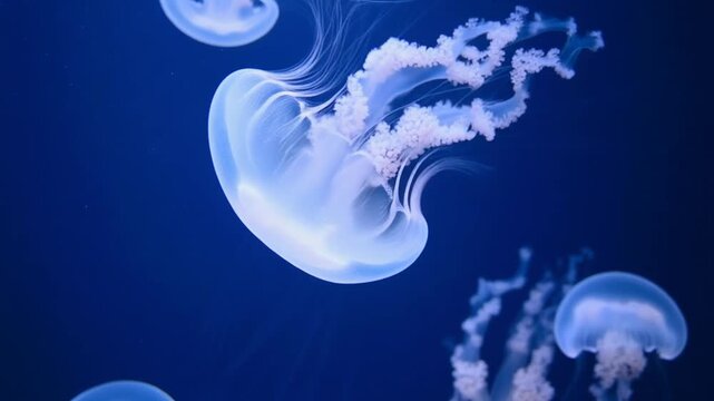 大型クラゲが漆黒の背景で青く発光し丸い傘と繊細な触手を左右に広げる場面