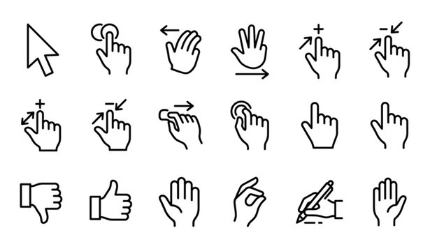 Minimal black and white hand icons pack with touch gestures click navigation and communication symbols vector isolated on white background
