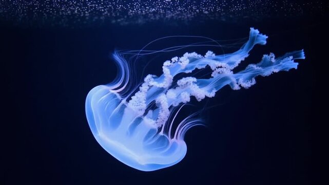 大型クラゲの青い傘が黒い深海で光り長い触手が水流に沿って流れる場面