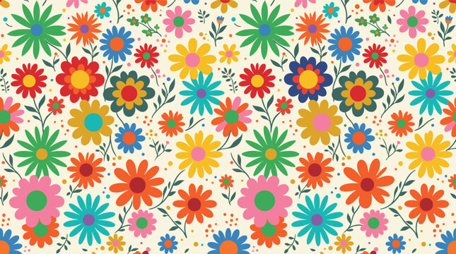 Vibrant and colorful daisylike flowers pattern with green stems on a light cream background