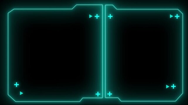 Futuristic hud interface elements with glowing neon cyan borders and digital data displays. Futuristic hud frame border concept, screen overlay.