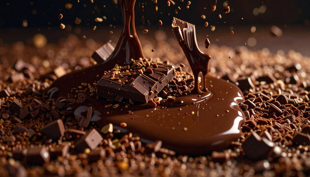 Chocolate pouring on chunks of dark chocolate