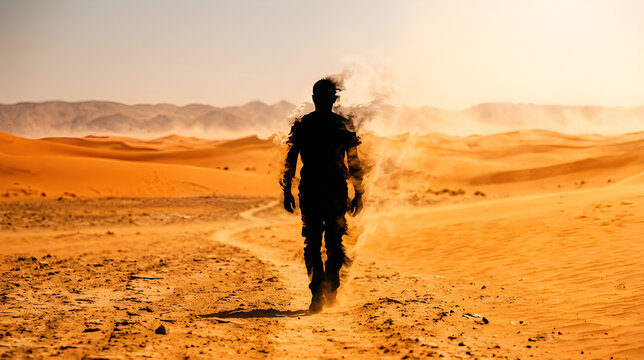 Cinematic surreal photo of a human silhouette evaporating into heat mirages while walking in a scorching desert.