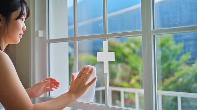 女性が白いクロスを押し当て透明な窓を磨く