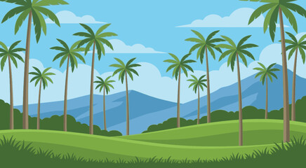 Fototapeta premium Tropical landscape with palm trees standing on green hills under a blue sky with mountains.