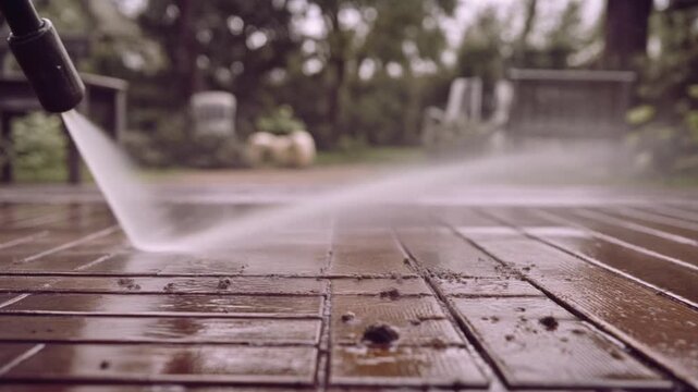 木製デッキの汚れが高圧洗浄の水流で洗い流される