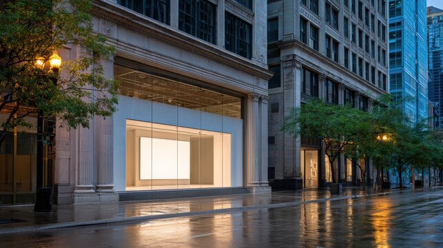 Modern minimalist glass storefront on a city street at night with wet pavement reflections