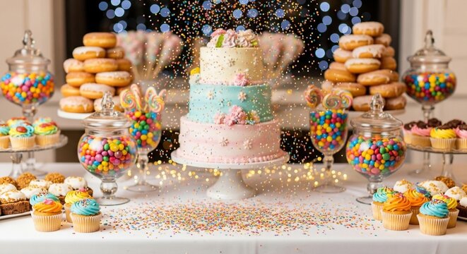 colorful desserts and sweets on a table with sprinkles