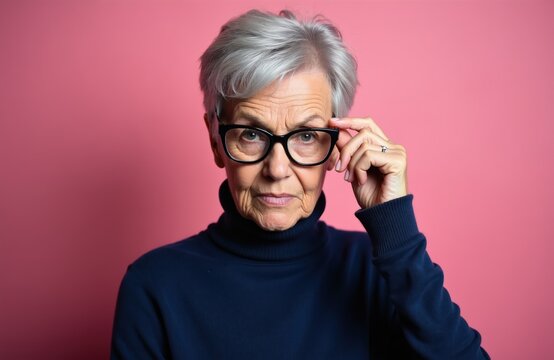 Serious elderly woman wears glasses adjusting with finger. Mature lady grey hair, wears dark turtleneck against pink backdrop. Looks directly at viewer with stern expression, possibly conveying