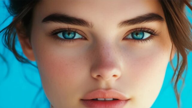 Beautiful young woman gazing off into the distance with her striking blue eyes that are accentuated by freckles. Soft bokeh creates a dreamy backdrop to this portrait-style .