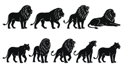 Lion silhouette vector illustration collection featuring male lions with mane and lionesses in walking, standing, roaring, lying poses, wildlife, strength, majestic animal art © Stockify
