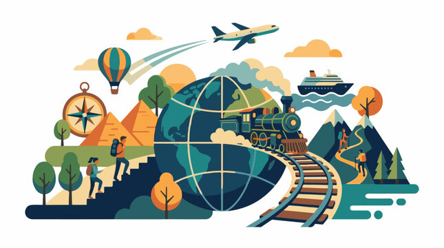 Global travel collage train plane ship hot air balloon globe people pyramids