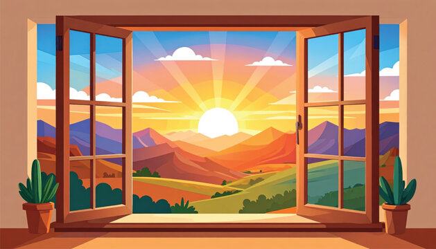 Sunset through open window frame.