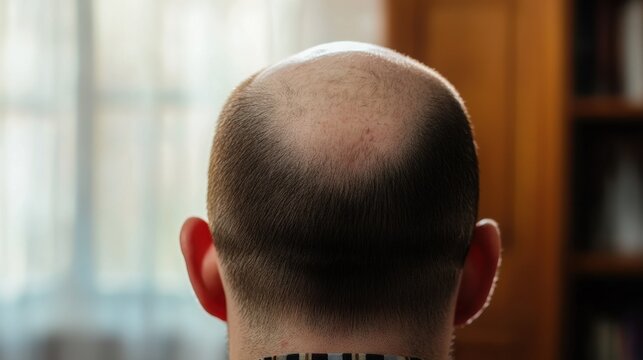 Back view of a bald adult man with light skin and no hair, indoors near a window with blurred background.