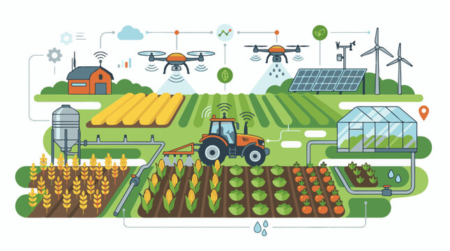 Futuristic smart farm with drones solar and automation