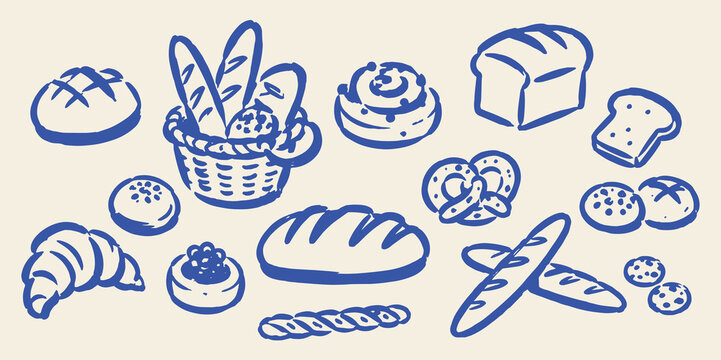Bakery Bread Basket Doodle Set Hand Drawn Vector Illustration