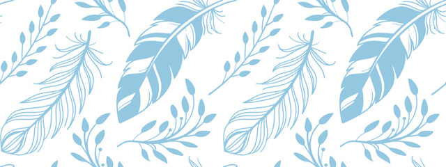 Seamless bird feather pattern with light blue leaf branch design and style. Botanical background features elegant nature illustration art. Perfect for fabric, wallpaper, textile projects. © Parul