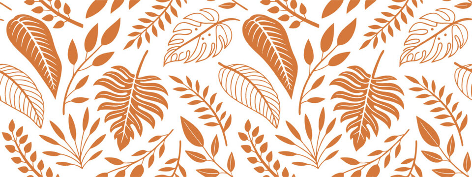 Seamless tropical leaf pattern with orange and fern foliage design. Botanical background features exotic autumn leaf illustration. Perfect for fabric, wallpaper, textile projects.