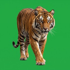 Obraz premium Majestic tiger walking on green background.