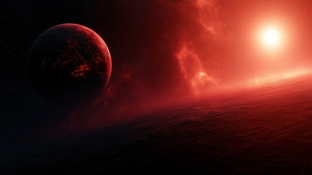 Red glowing planet floating near ocean horizon under bright red sun and starry nebula sky creates dramatic deep space cosmic landscape