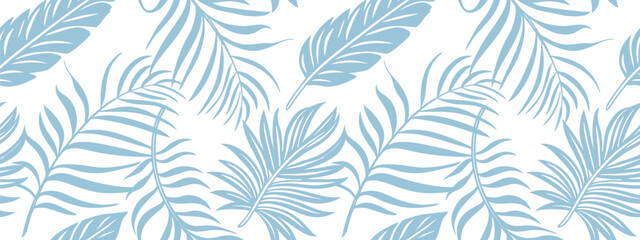 Seamless palm leaf pattern with tropical fern fronds in flat teal silhouette. Botanical background features exotic foliage design. Perfect for fabric, wallpaper, and textile print projects. © Parul