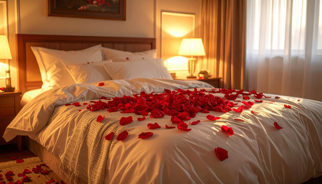 Romantic bedroom with rose petals on white bed