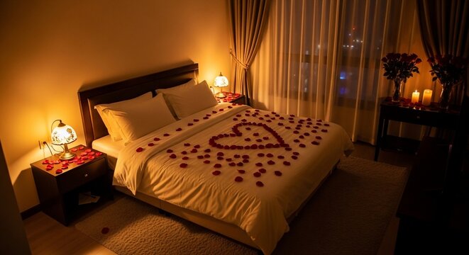 Romantic hotel room with rose petal heart on bed
