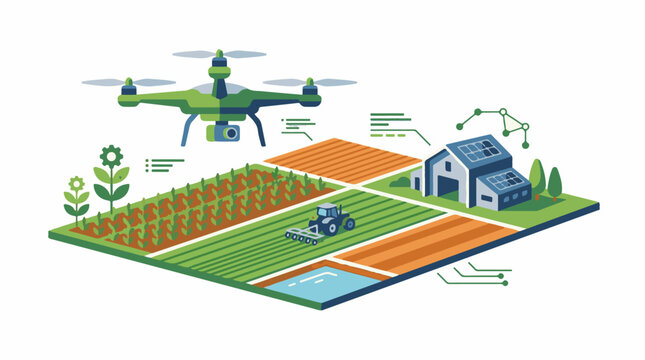 Futuristic isometric farm with drone tractor solar-powered barn and data