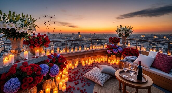 Romantic Rooftop Dinner Setup with Candles and Flowers at Sunset