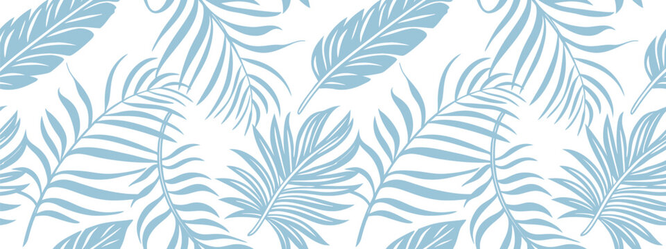 Seamless palm leaf pattern with tropical fern fronds in flat teal silhouette. Botanical background features exotic foliage design. Perfect for fabric, wallpaper, and textile print projects.