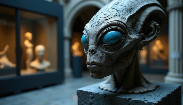 Stone alien head sculpture with big blue eyes stands in museum exhibit. Other statues are blurred in background. Science fiction art display indoors.