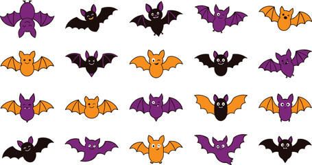 Fototapeta premium Minimalist Halloween bat icon set featuring cute spooky flying characters for holiday decorations seasonal branding and festive illustrations