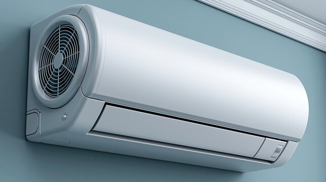 Modern split system white indoor air conditioner mounted on light blue interior wall for home climate control and cooling in warm summer weather